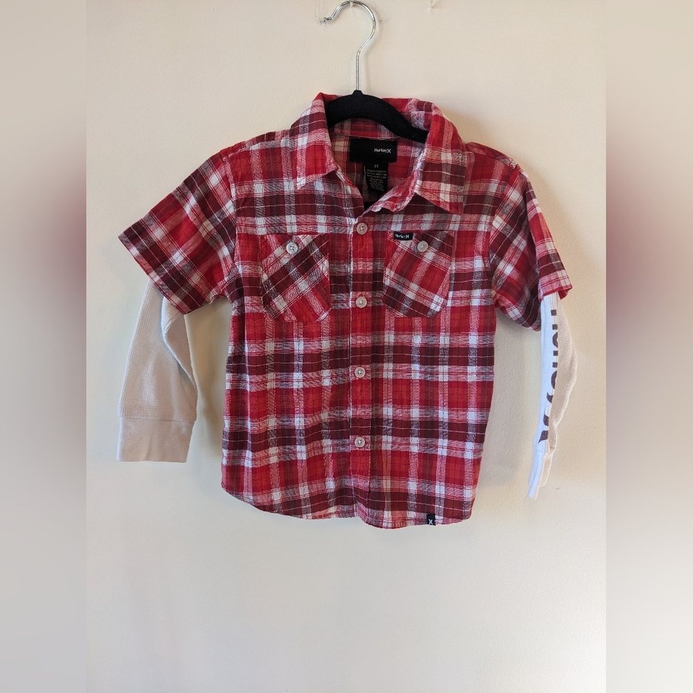 Hurley Boys 3T Red Plaid Button Down Shirt w/ Layered Look